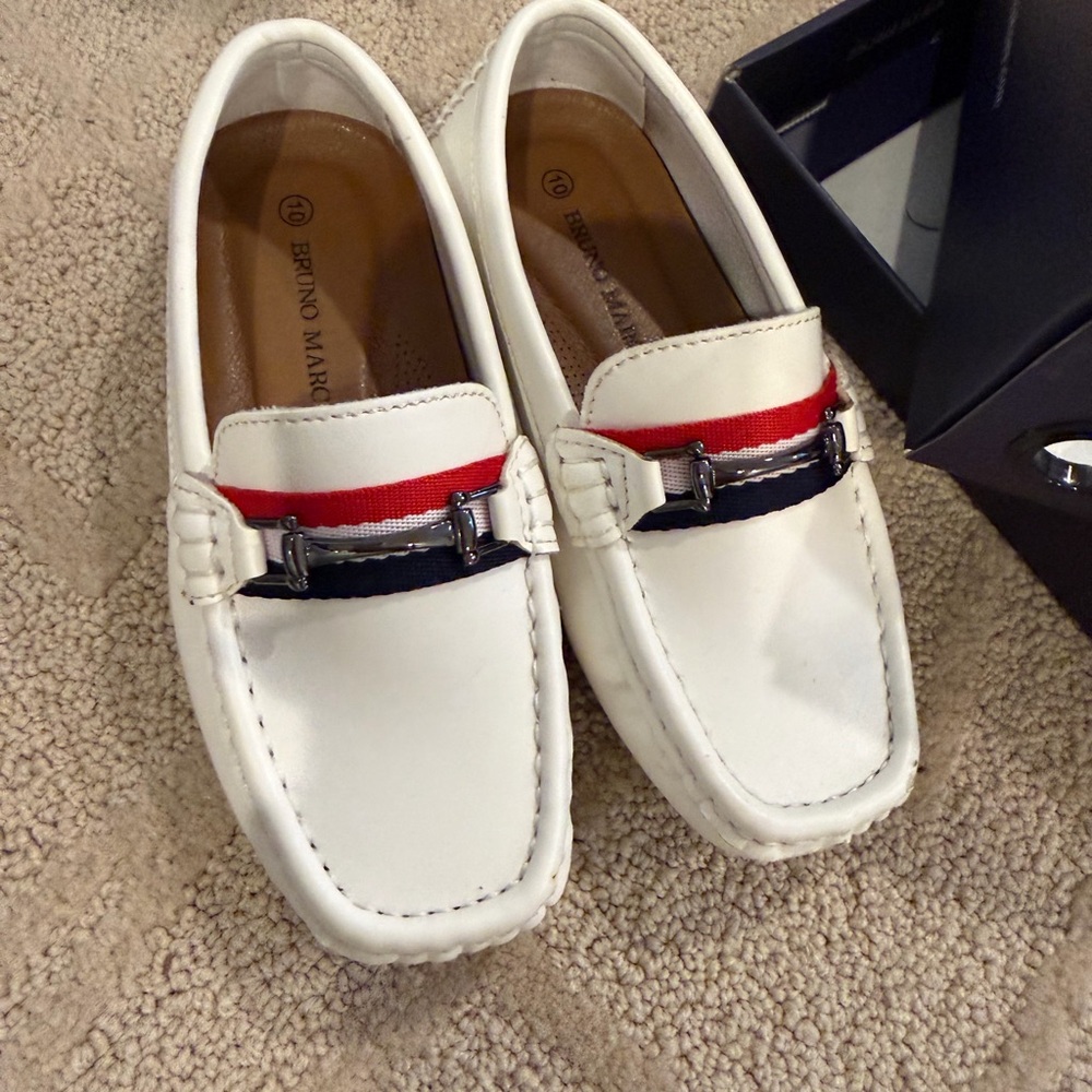 Bruno Marc White Loafers with Red and Blue Stripes